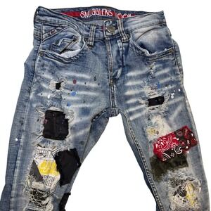 Smuggler's Moon Jeans Mens Size W28 L31 Blue Distressed Patched Paint Splatter S